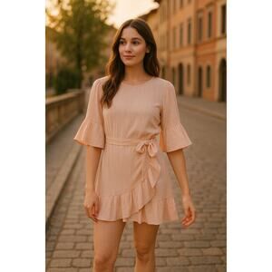 ASTR the Label Blush Pink Ruffle Bell Sleeve Faux Wrap Mini Dress - Size Medium